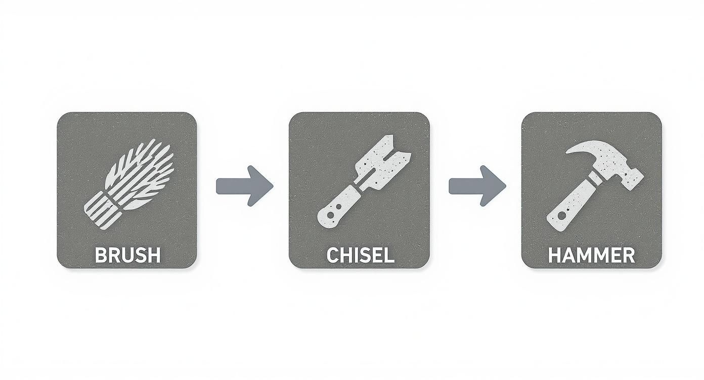 Three-step progression showing brush, chisel, and hammer tools for concrete repair work