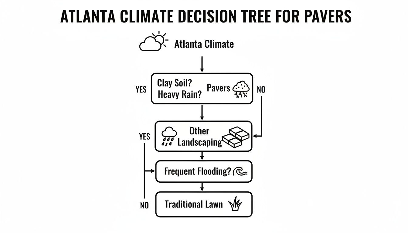 Decision tree illustrating landscaping choices for Atlanta's climate, considering soil, rain, flooding, pavers, and traditional lawns.