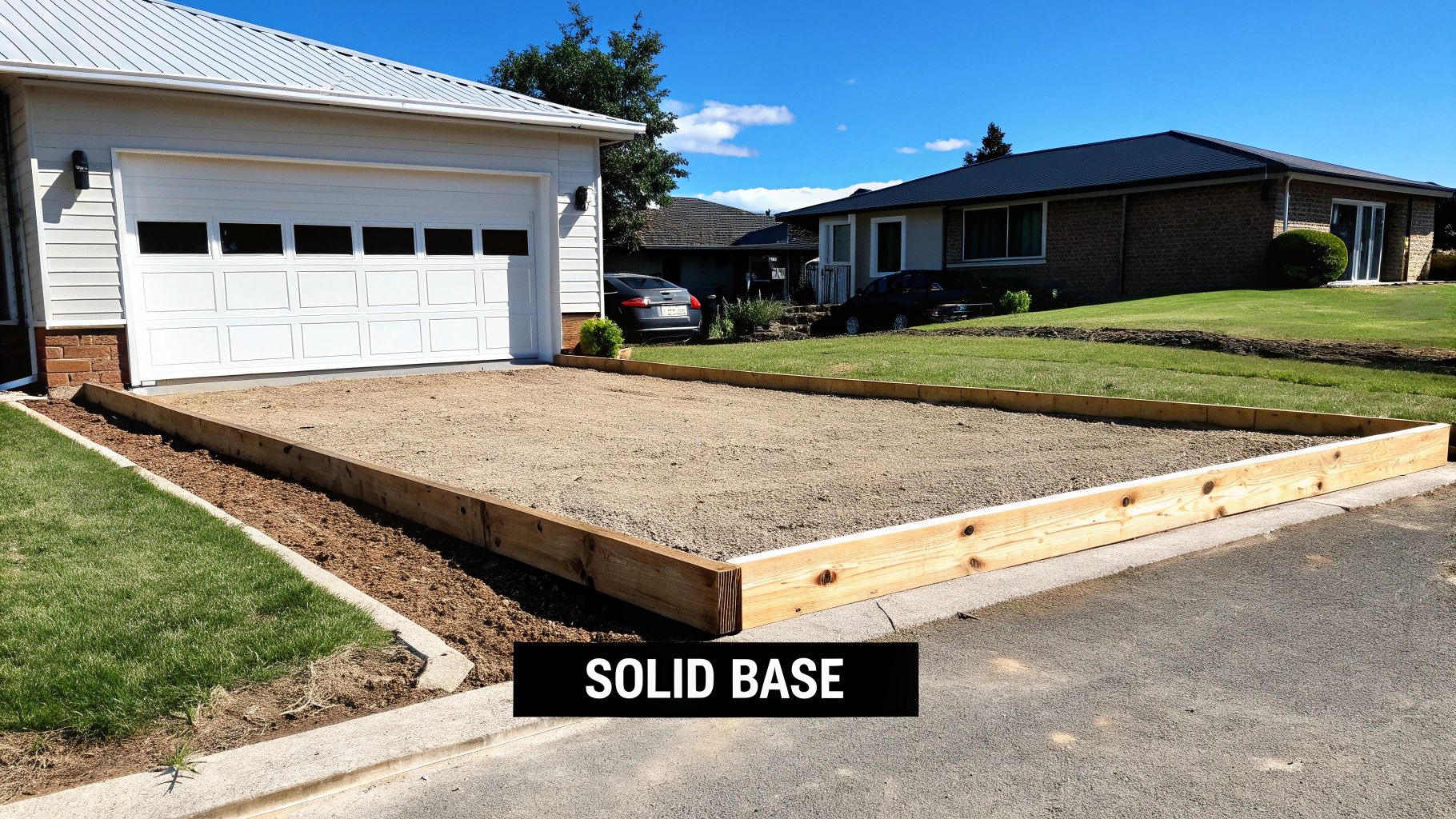 A newly prepared gravel and sand base with a sturdy wooden border for a cement driveway.