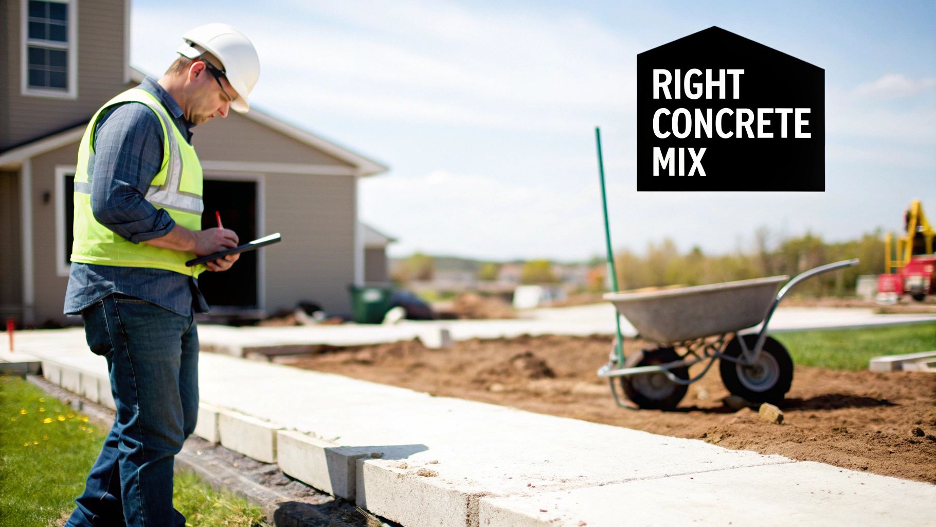 A construction worker smoothing freshly poured concrete for a new foundation.