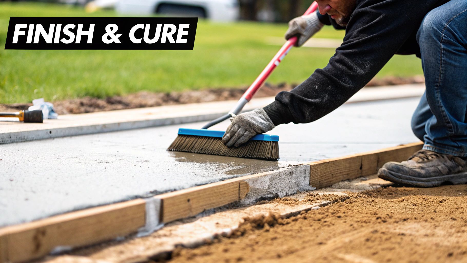 A worker in gloves uses a broom to apply a finish to a freshly poured concrete slab.