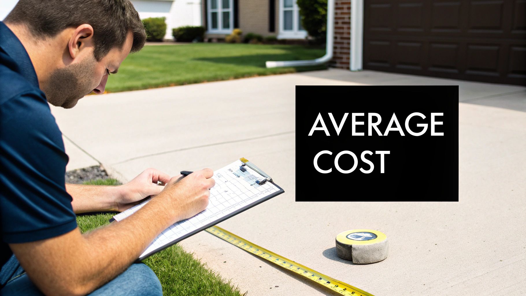 Man calculating average cost for concrete slab, writing on clipboard with measuring tape outdoors.