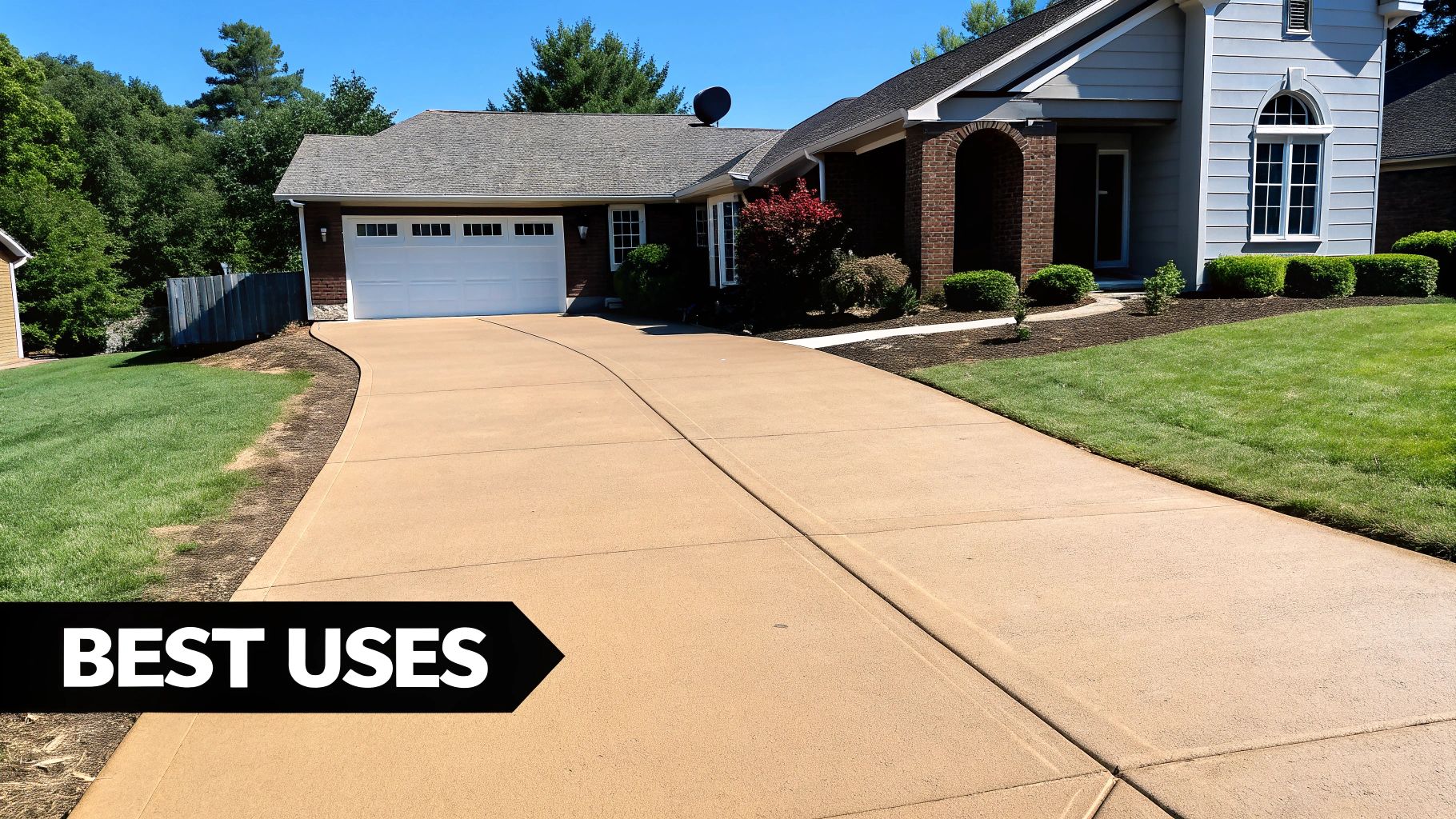 A beautiful, newly resurfaced concrete driveway enhances the home's curb appeal.