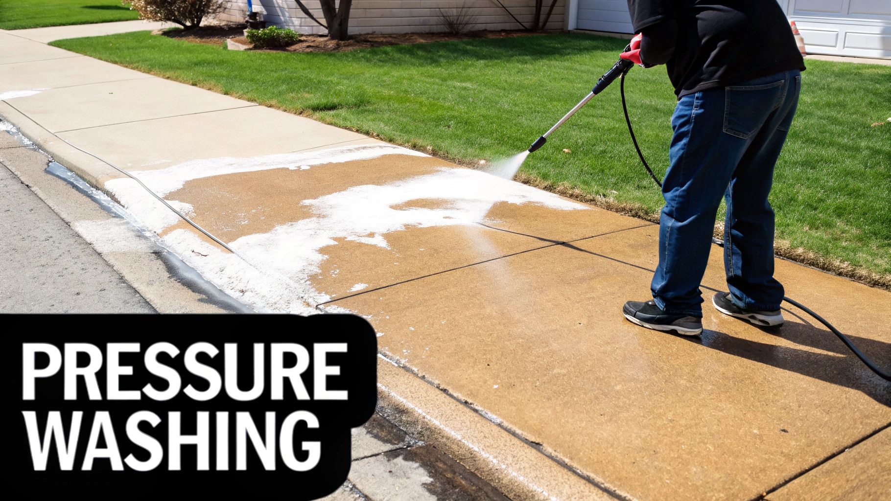 A person in jeans pressure washing a dirty concrete sidewalk, visibly removing grime and stains.