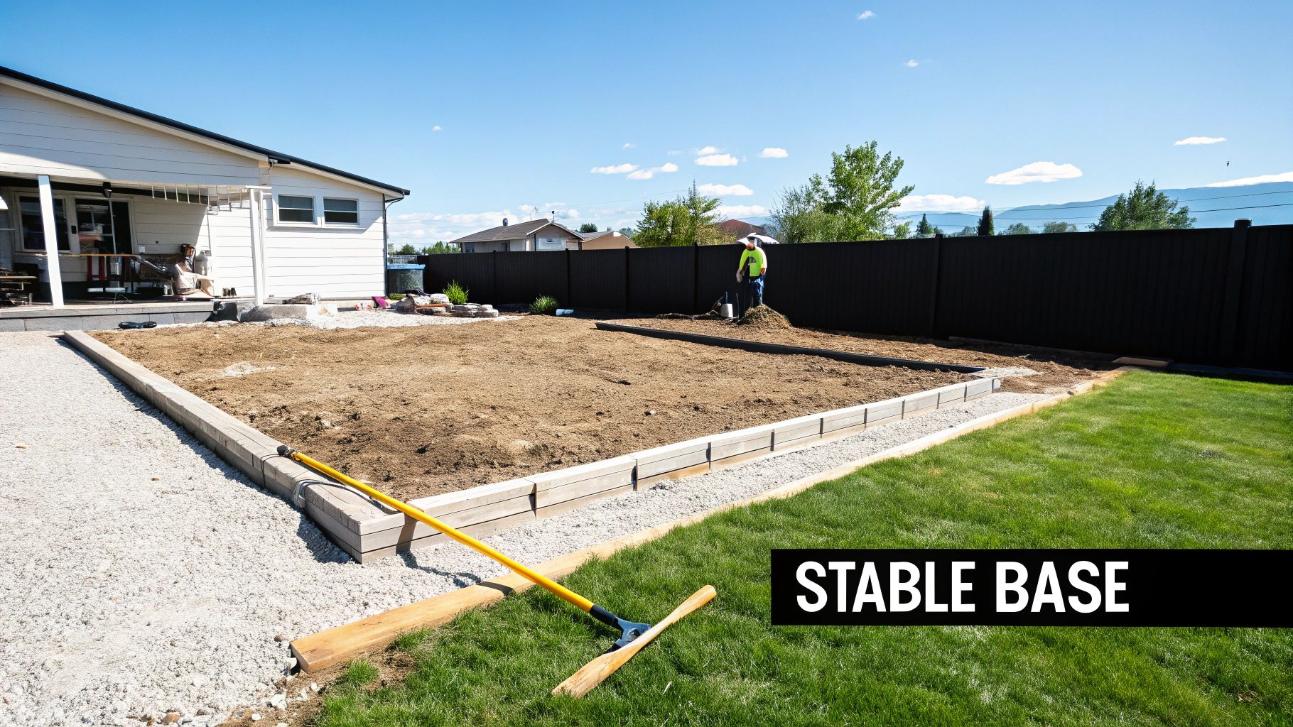 A backyard under construction with a leveled dirt area, concrete retaining blocks, a gravel path, and a person working.