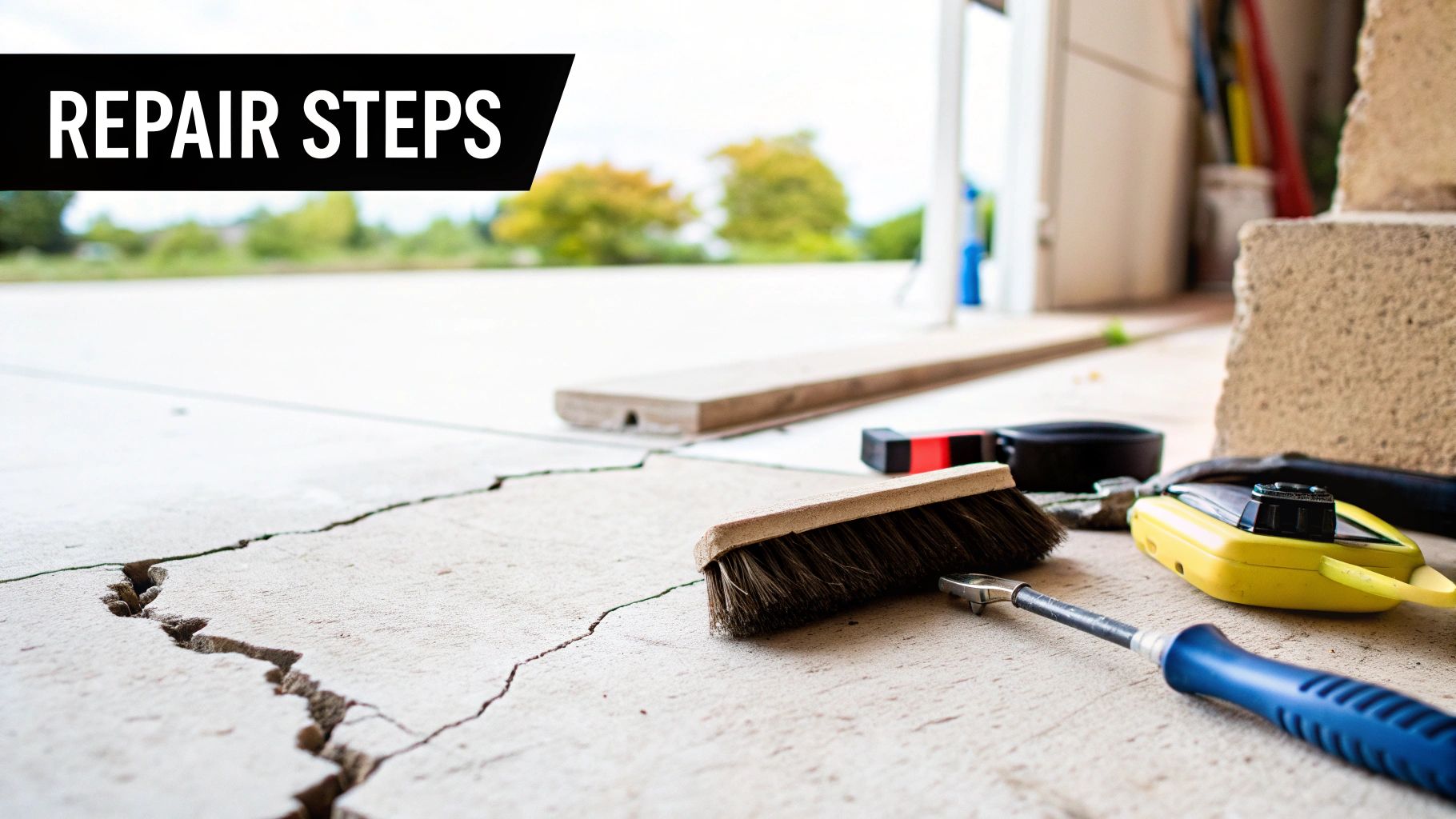 Repair tools like a brush and tape measure on a cracked concrete surface, indicating mending steps.