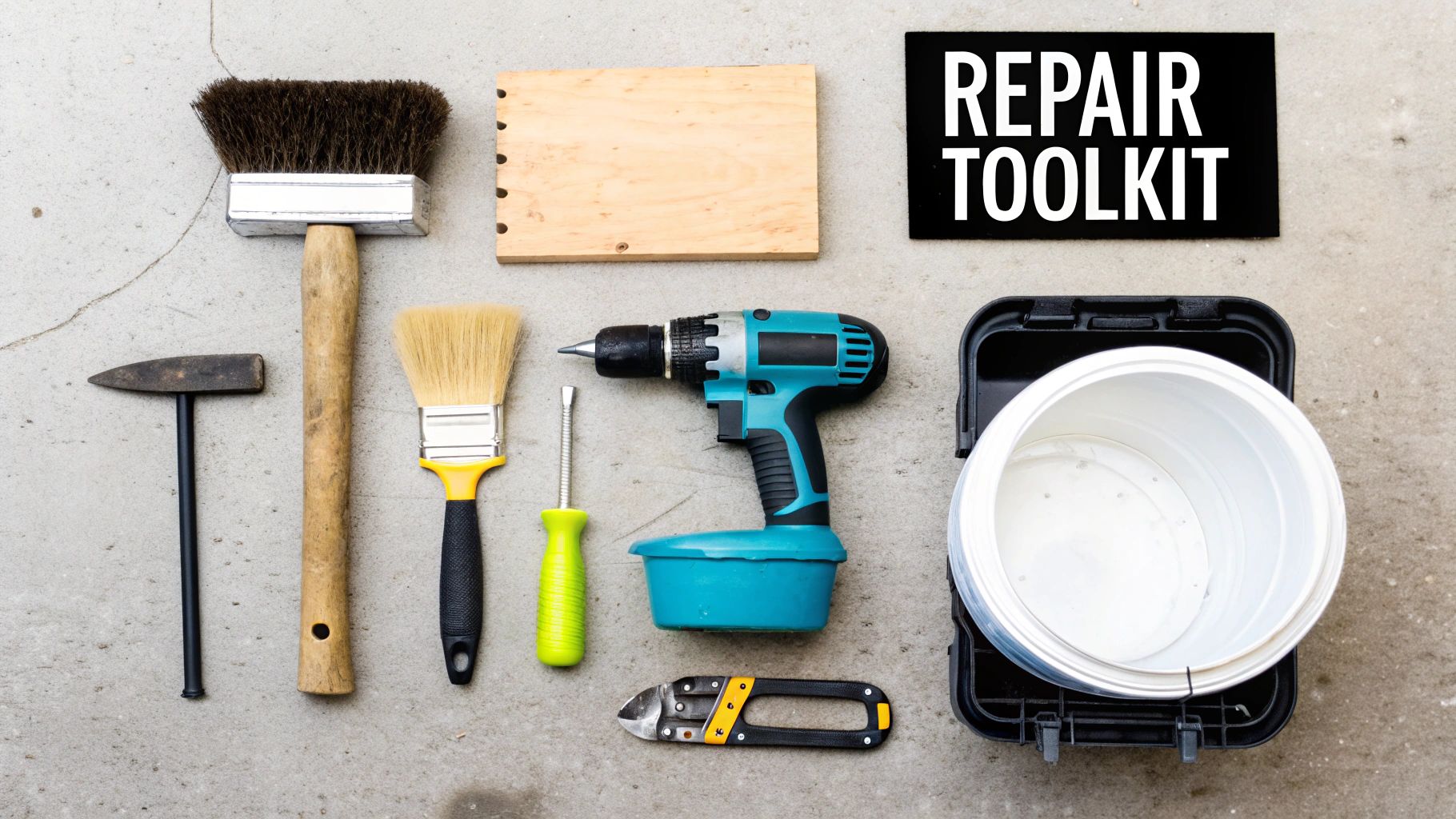 A flat lay of various repair tools including a drill, brushes, hammers, and paint can on concrete.