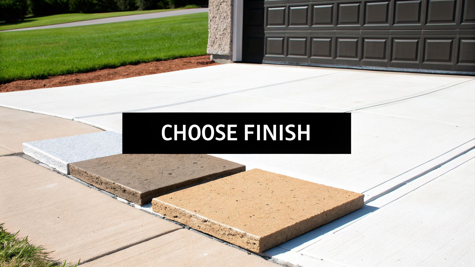 Three concrete paver samples displaying different colors and finishes on a residential driveway.