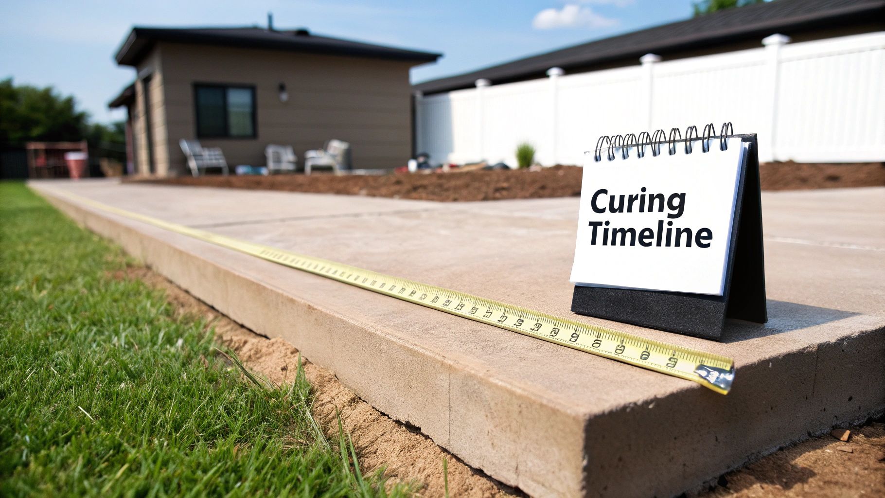 A yellow measuring tape laid on a new concrete patio next to grass, with a 'Curing Timeline' sign.
