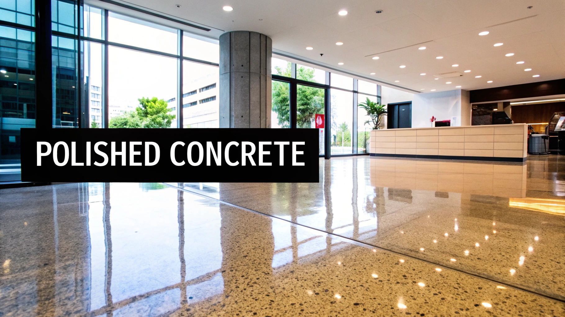 Modern building lobby with a highly reflective polished concrete floor, large windows, and a reception desk.