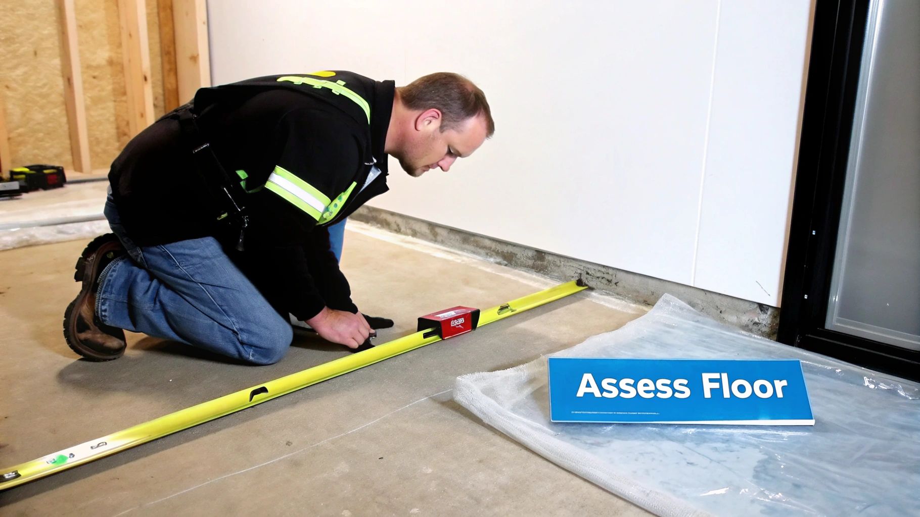 Construction worker checking concrete floor level with a long yellow tool and digital attachment.
