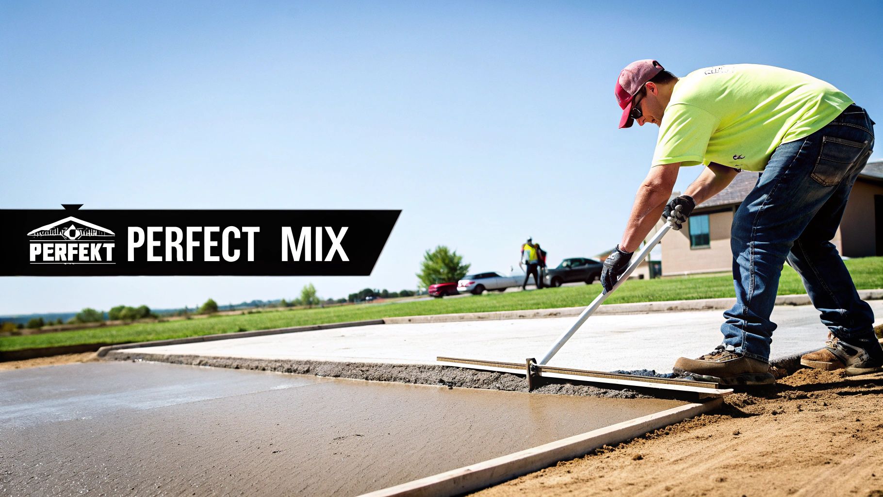 A construction worker levels wet concrete for a driveway using a screed tool under a clear sky.