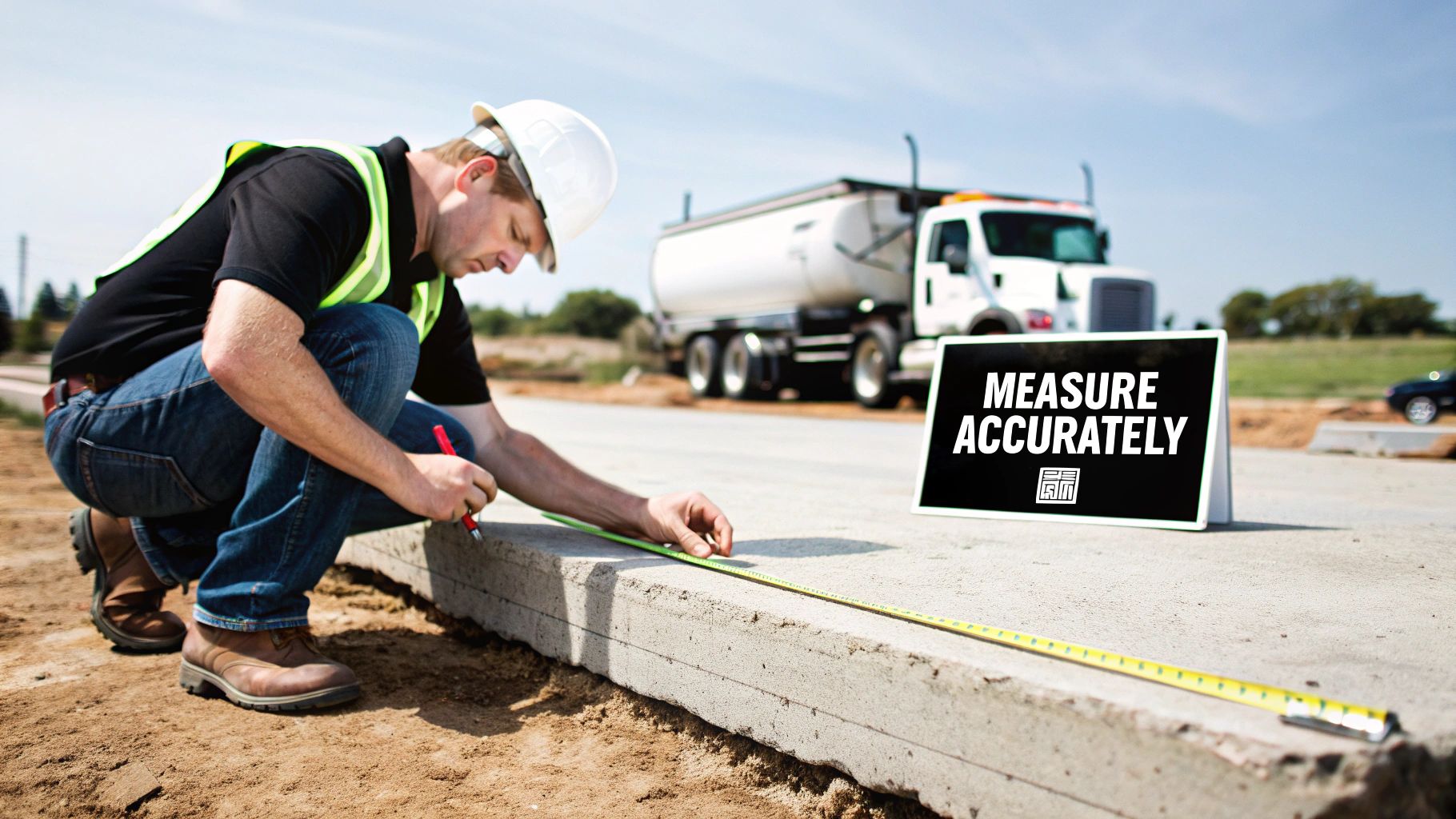 Construction worker in a hard hat and safety vest accurately measures a concrete curb with a tape measure.