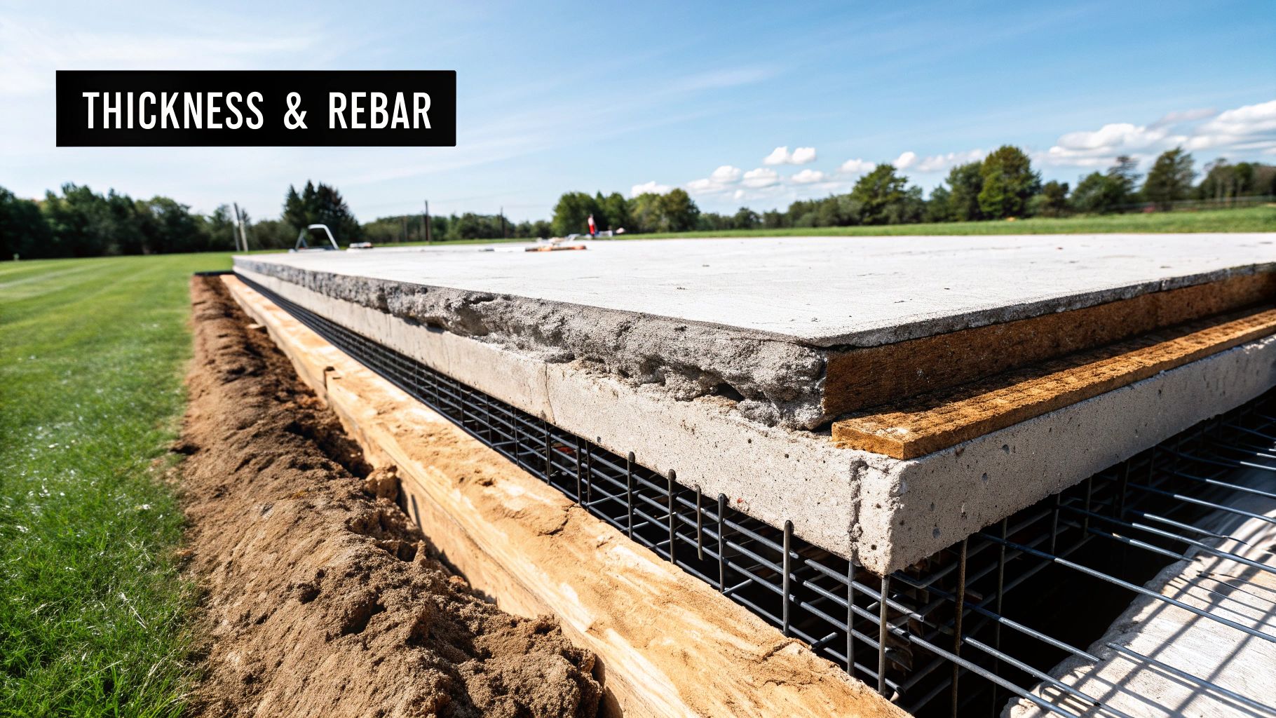 Detailed view of a concrete slab foundation with exposed rebar and layered construction.