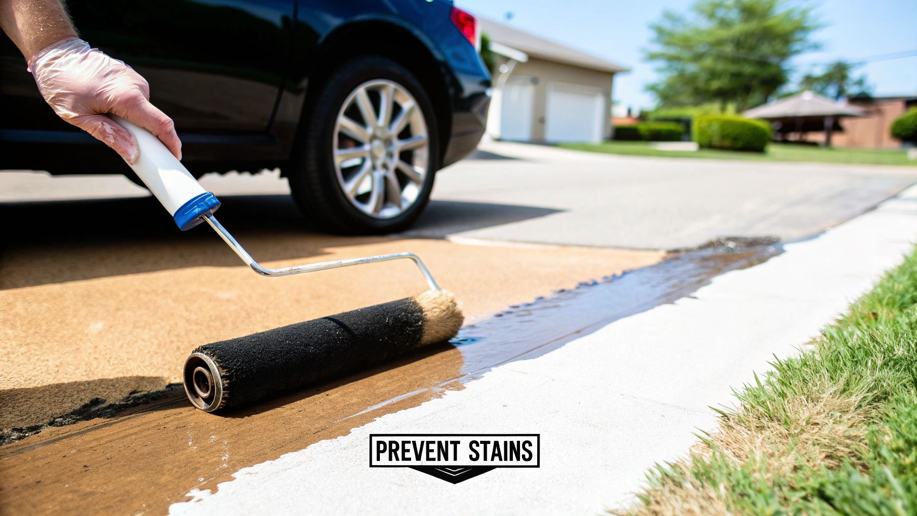 A person applies a protective liquid to a concrete driveway with a roller, preventing stains from spills.