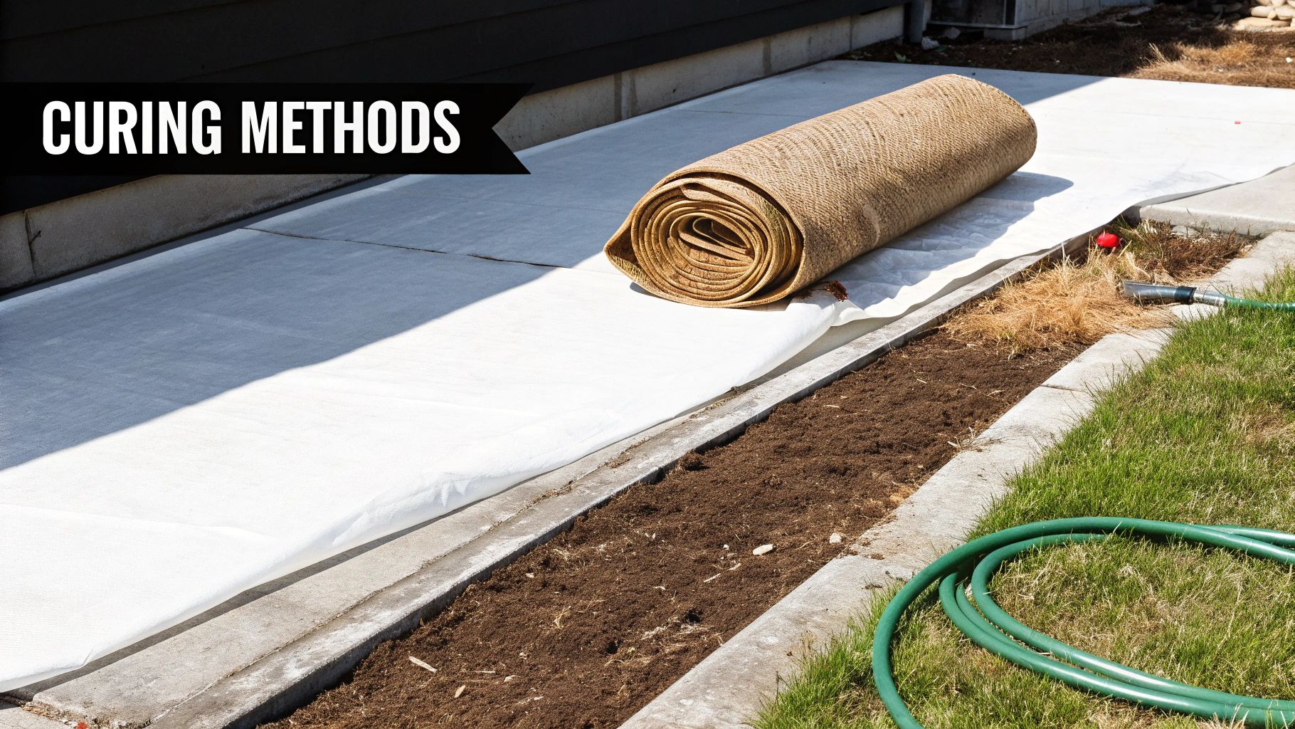 Concrete slab covered with a white curing blanket and a roll of burlap for curing methods.