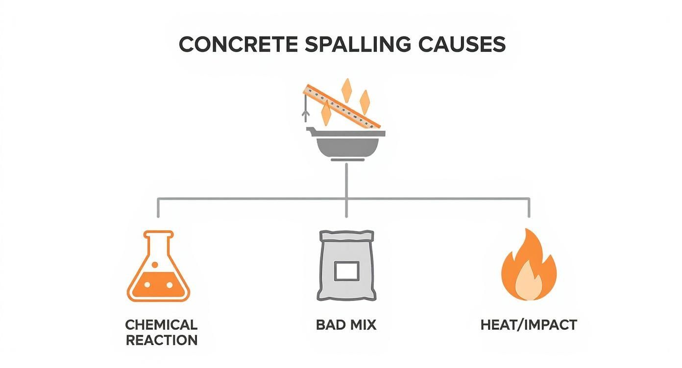 An infographic decision tree showing the causes of concrete spalling, including chemical reactions, a bad mix, and heat or impact.