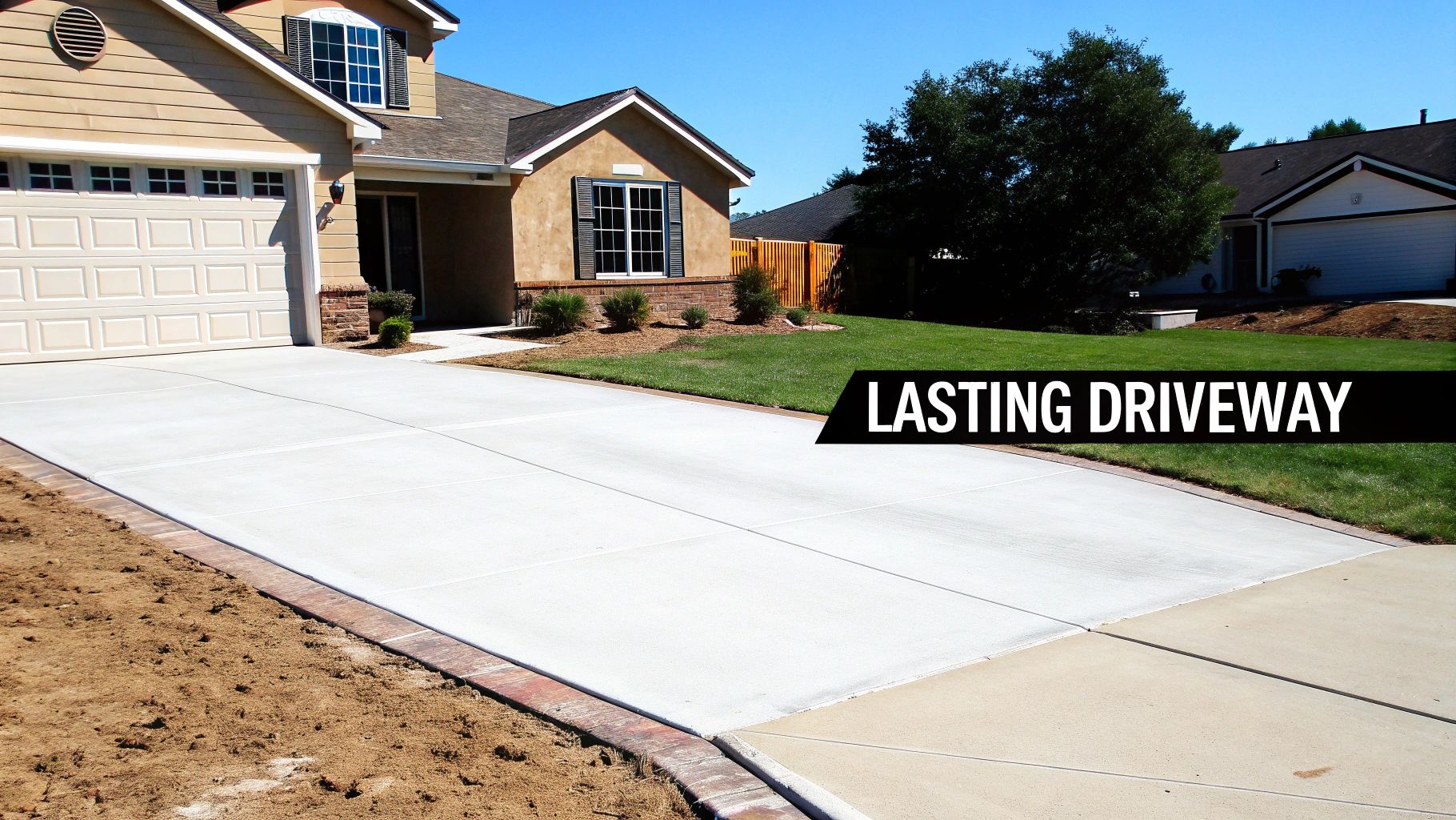A pristine new light grey concrete driveway extends towards a modern tan house with a garage.