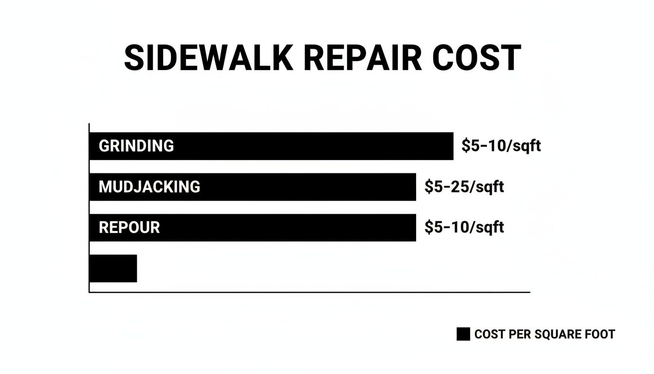 A bar chart displaying sidewalk repair costs for grinding, mudjacking, and repour, ranging from $5 to $25 per square foot.