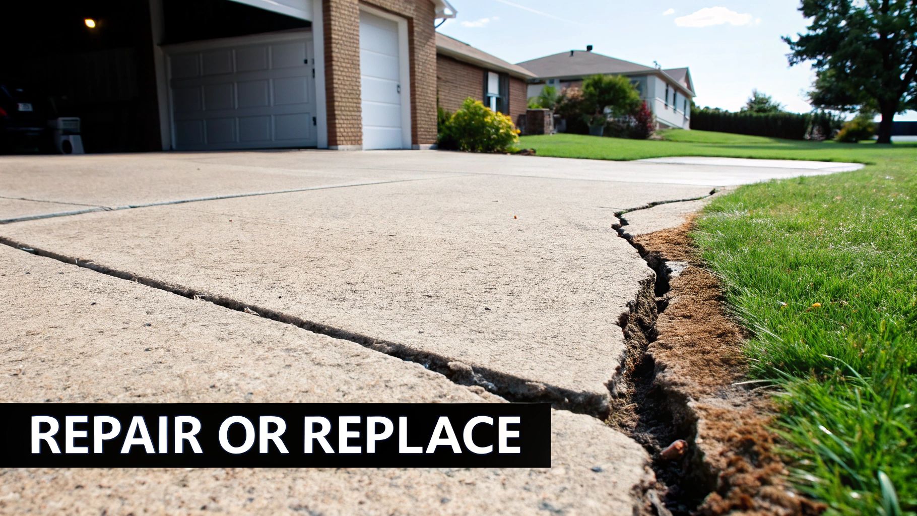 A deeply cracked concrete driveway next to a green lawn, with a garage and house in the background. Text reads 'REPAIR OR REPLACE'.