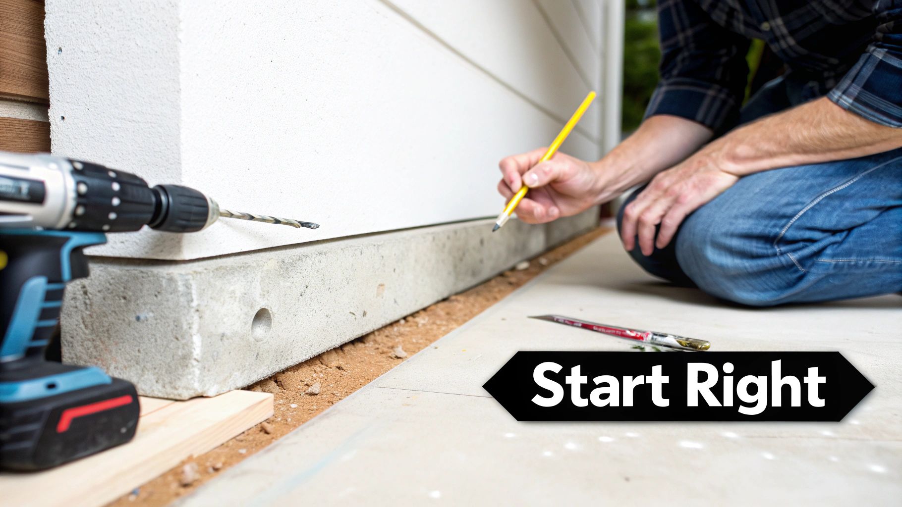 A person marks a concrete foundation with a pencil, a drill ready for work.