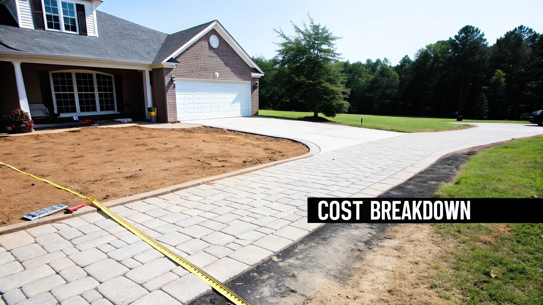 A house with a newly installed concrete driveway leading to a garage, alongside a paver driveway under construction.
