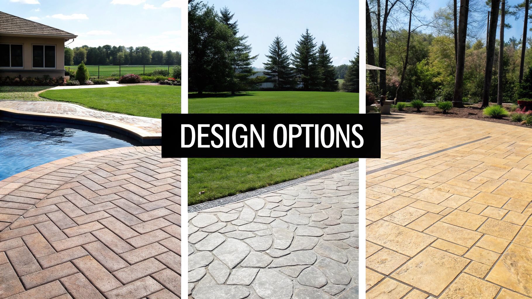 A collage showing three outdoor paving design options: brick pavers, stamped concrete, and large format patio tiles.