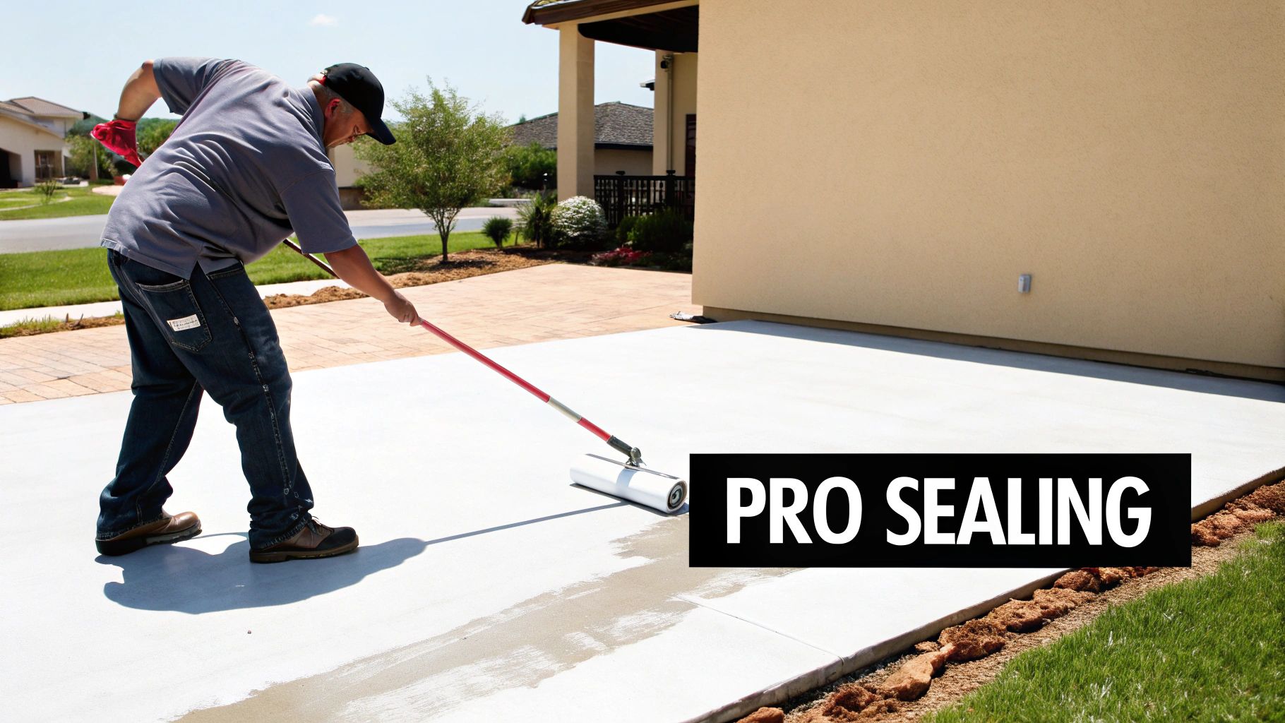 A worker uses a long roller to apply a white sealer to a large concrete driveway.