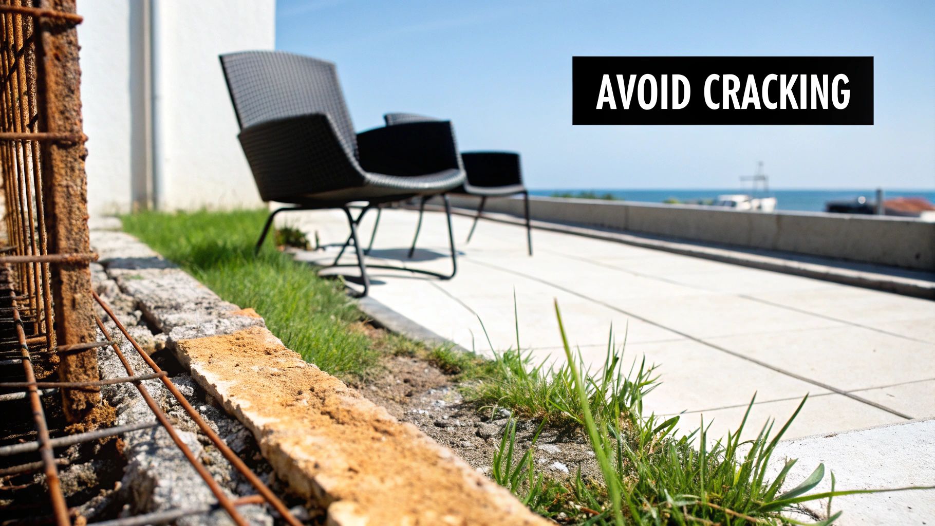 Rusty rebar by a cracked concrete edge, green grass, and patio with 'AVOID CRACKING' text.