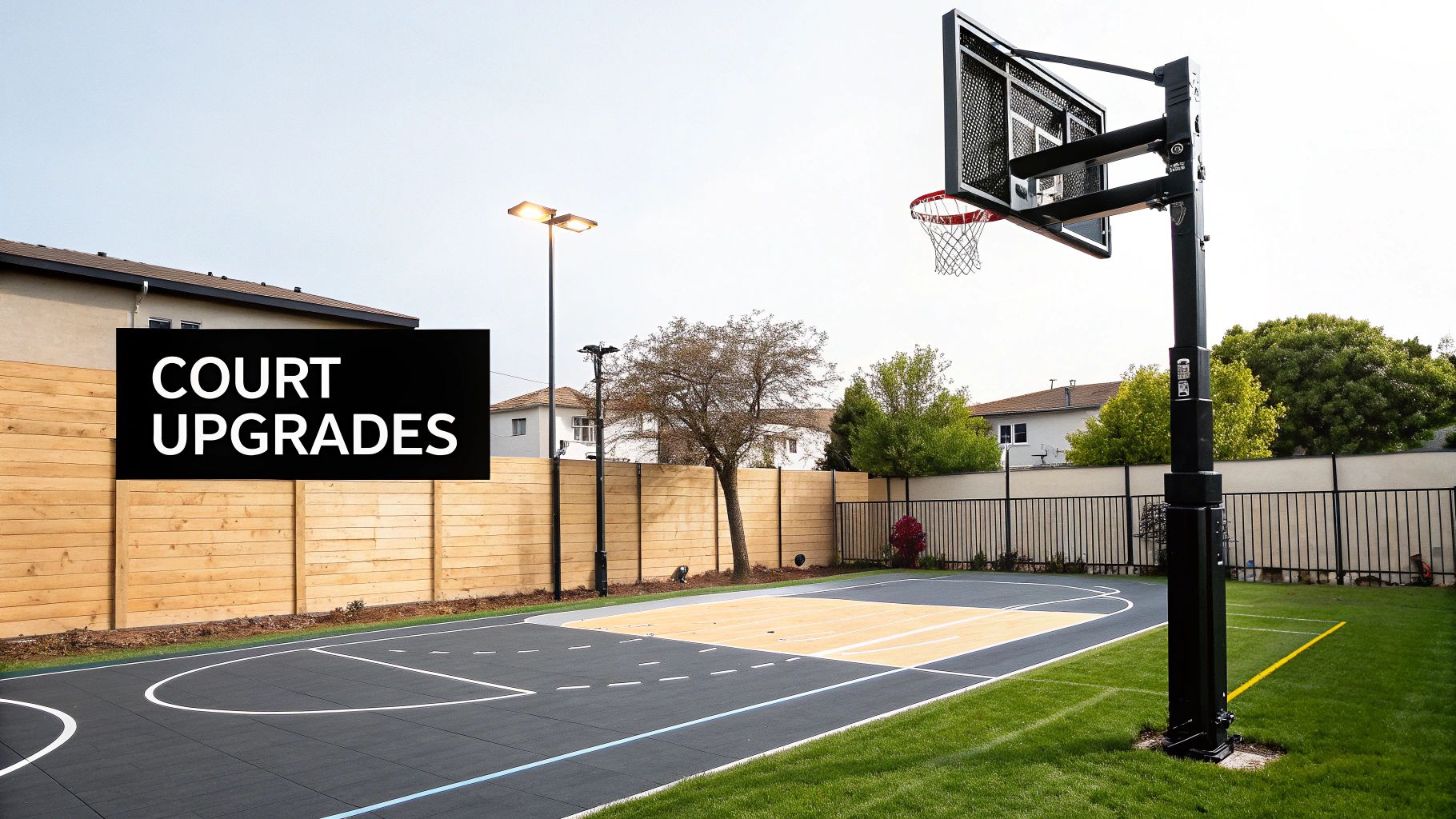 A newly installed, modern outdoor basketball court with a black hoop and lighting, surrounded by a wooden fence.