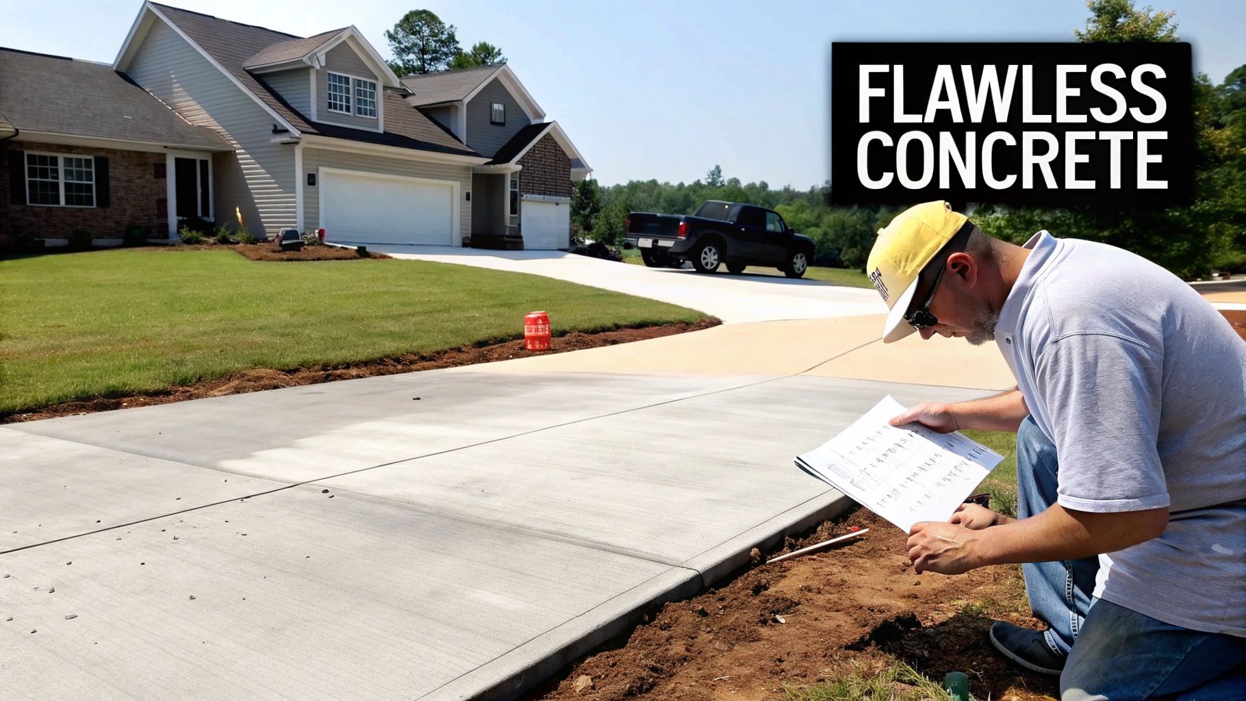 Man reviewing plans for a newly installed concrete driveway in front of a suburban house.