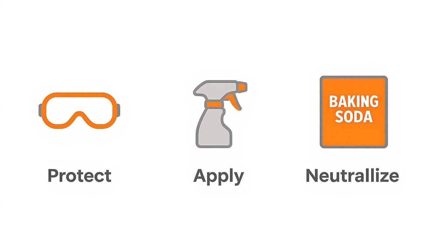 Three icons illustrating steps: safety goggles for 'Protect', a spray bottle for 'Apply', and baking soda for 'Neutralize'.