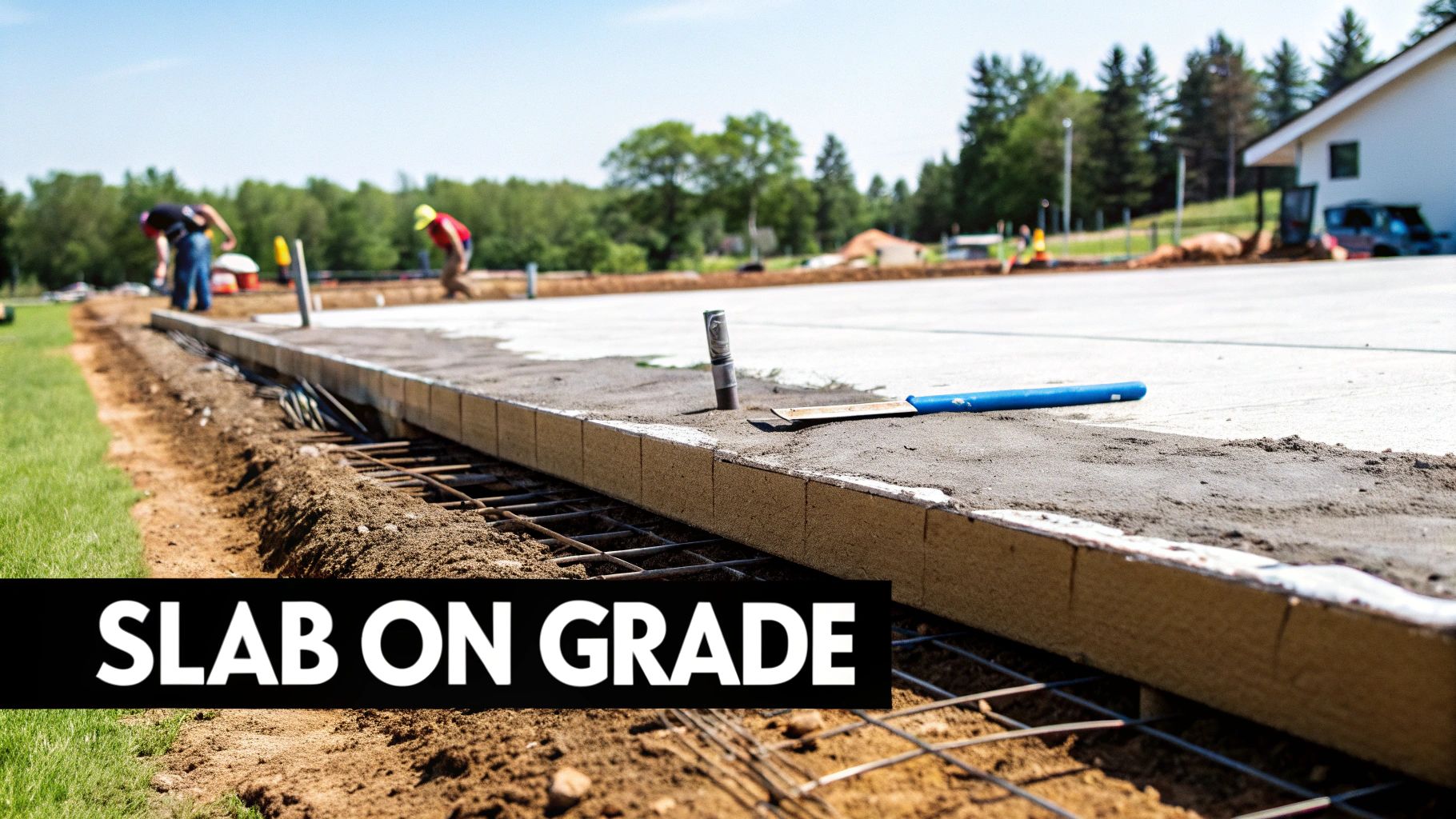 Construction workers pouring a concrete slab on grade with rebar mesh, surrounded by dirt.