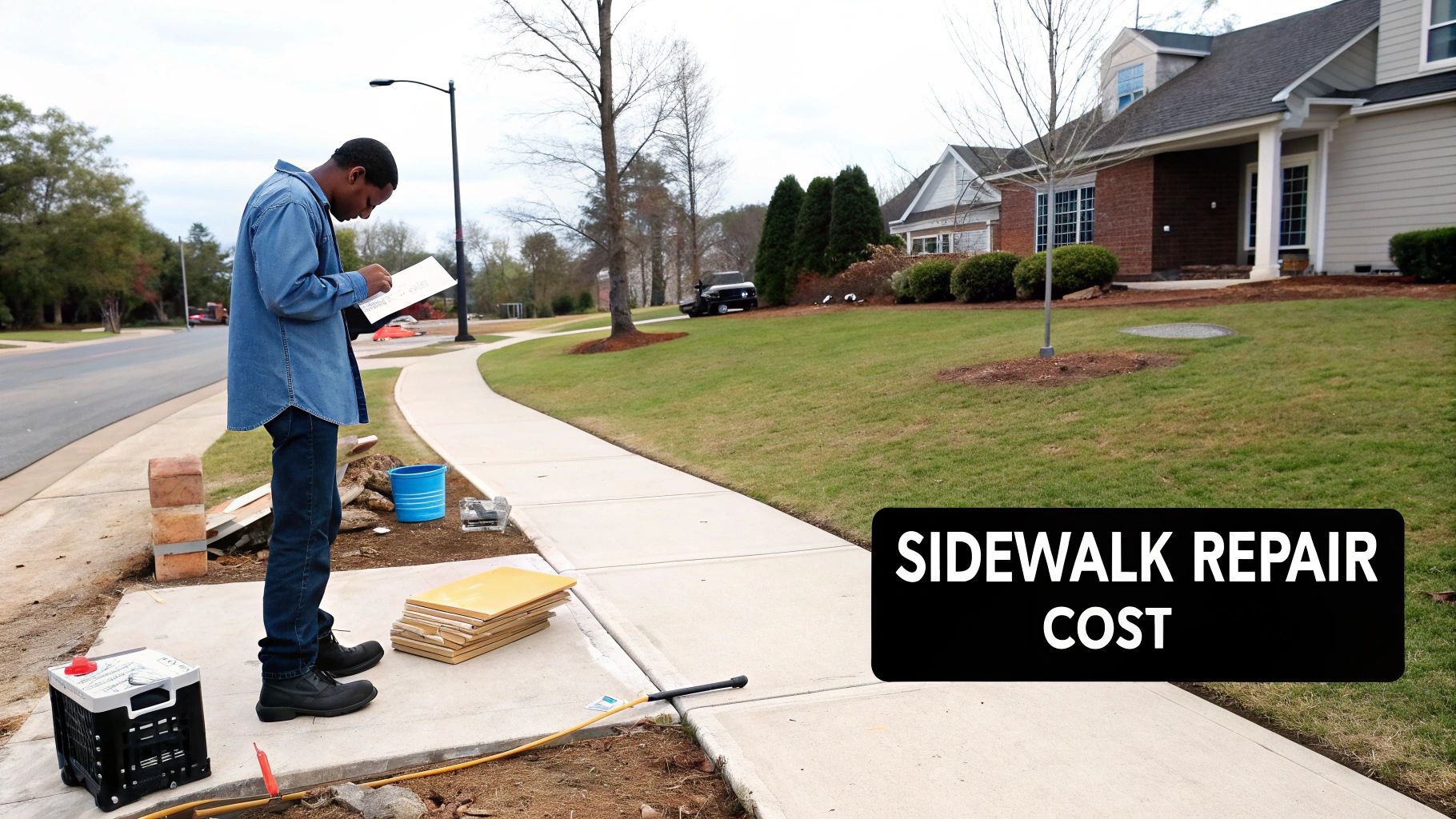 A man inspects a sidewalk with a clipboard, surrounded by repair materials in a suburban setting.