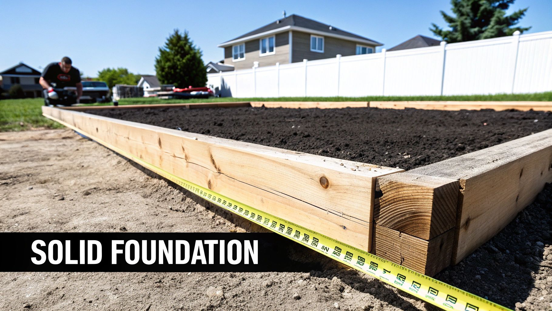 A newly constructed raised wooden garden bed filled with dark soil, with a measuring tape on its side.