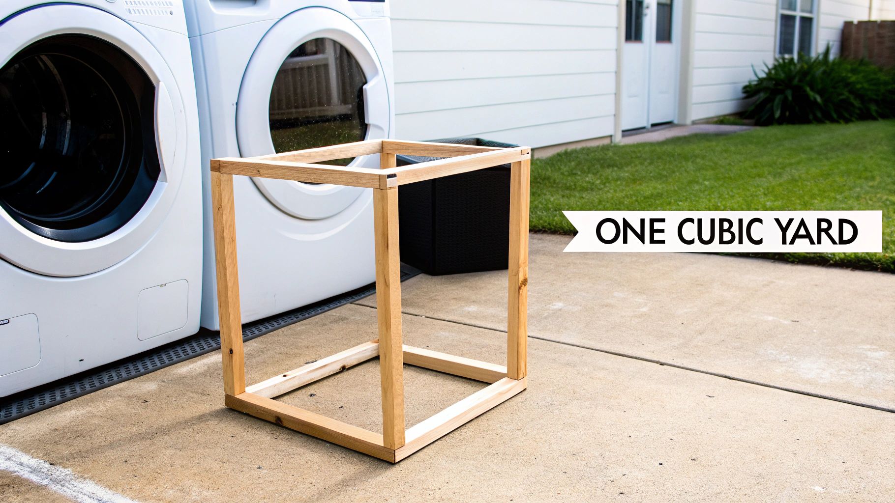 A wooden frame representing one cubic yard on a concrete patio next to two white washing machines.
