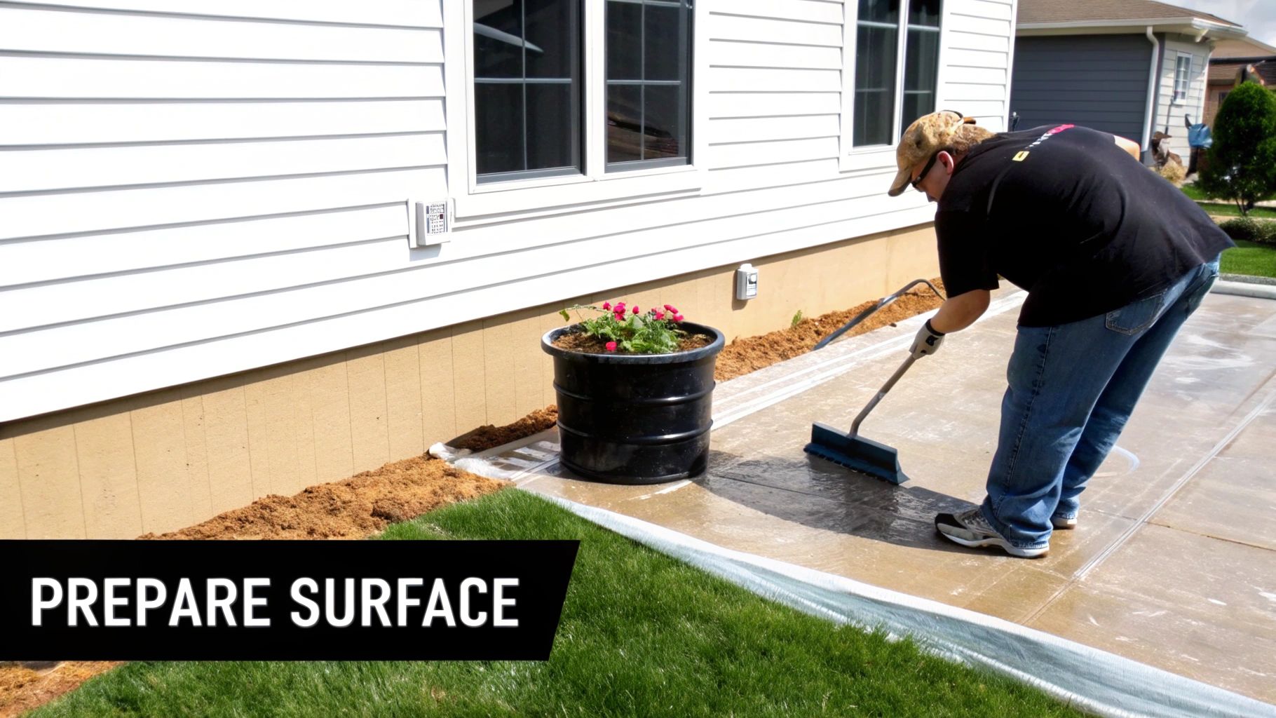 A person in jeans and a t-shirt uses a squeegee to clean a concrete patio surface next to a house.