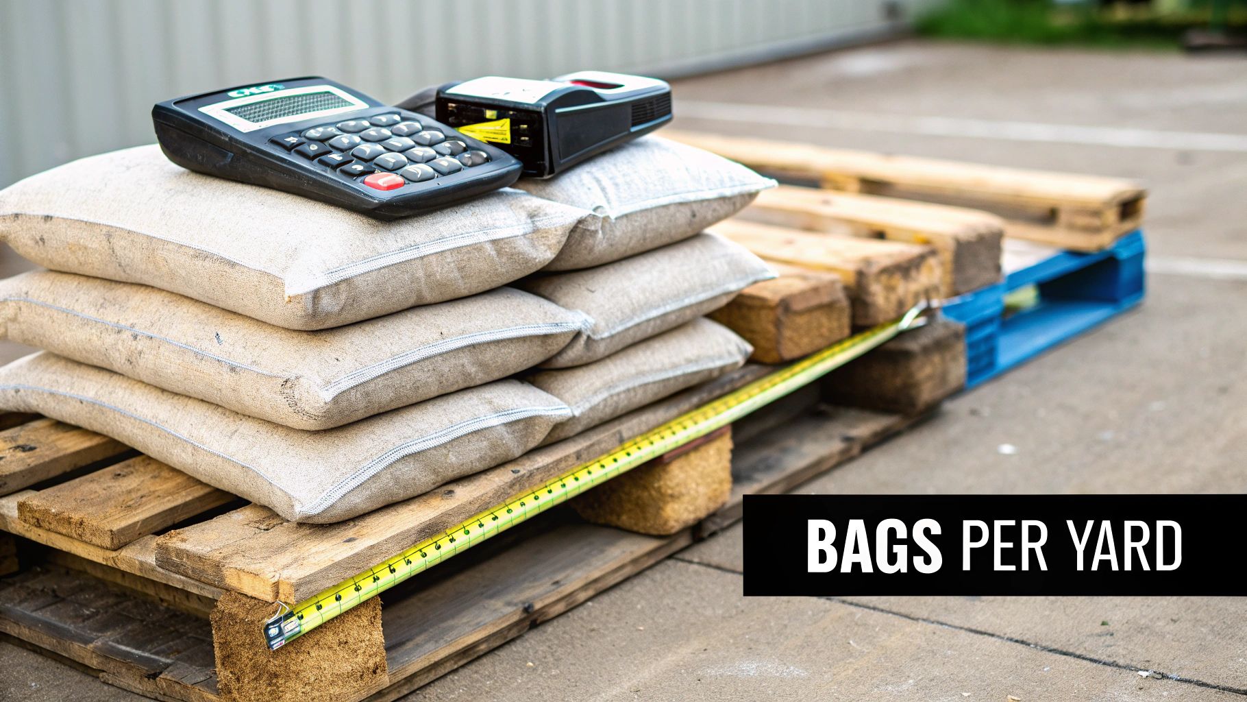 Stacked material bags on pallets with a calculator, tape measure, and 'Bags per Yard' text.