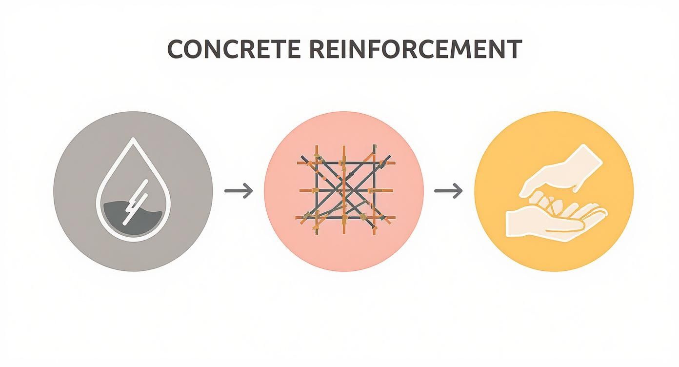 Diagram illustrating the process of concrete reinforcement with symbols for water, rebar, and application.
