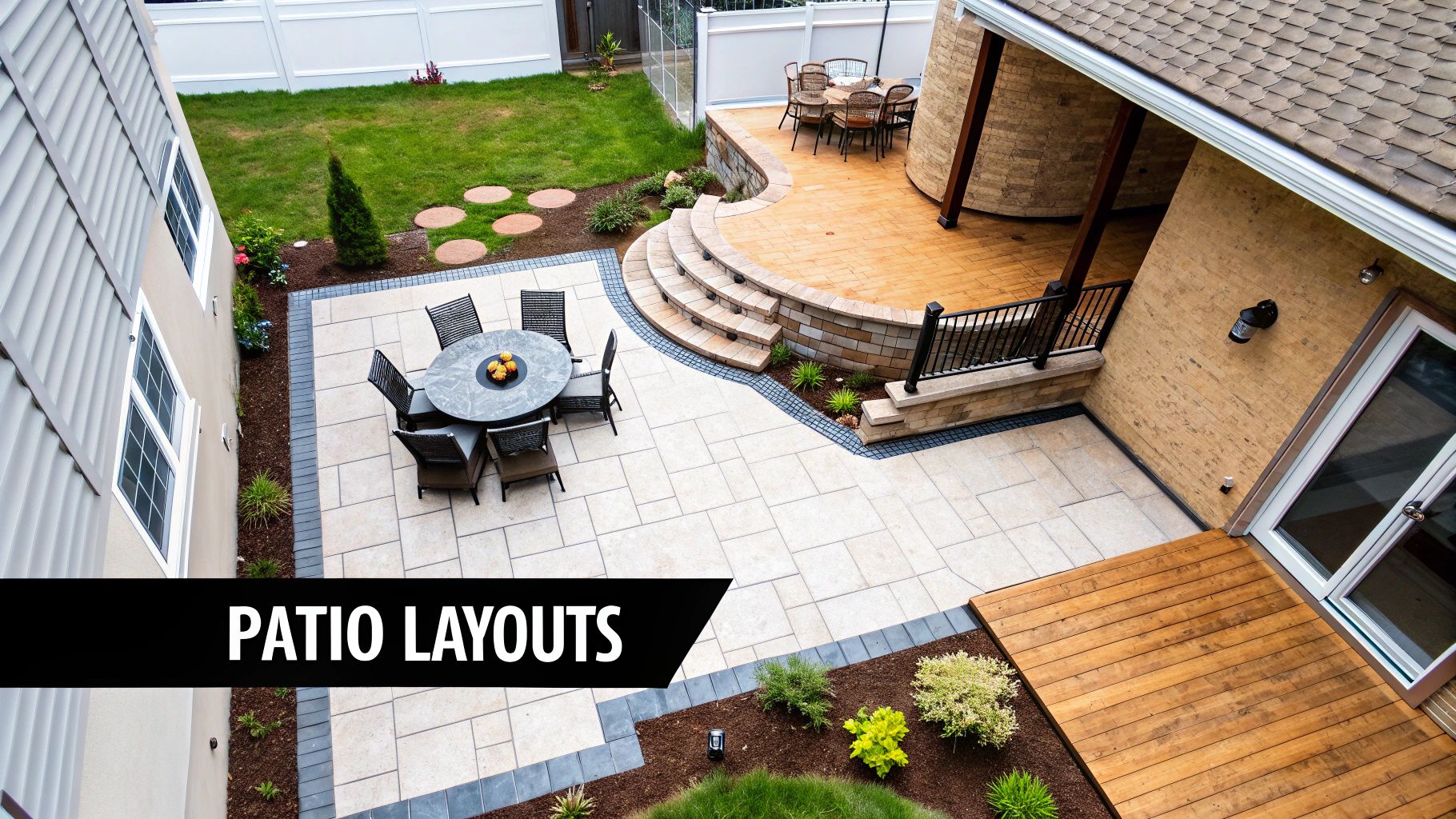 Aerial view of a multi-level outdoor patio featuring dining sets, varied paving, and lush landscaping.