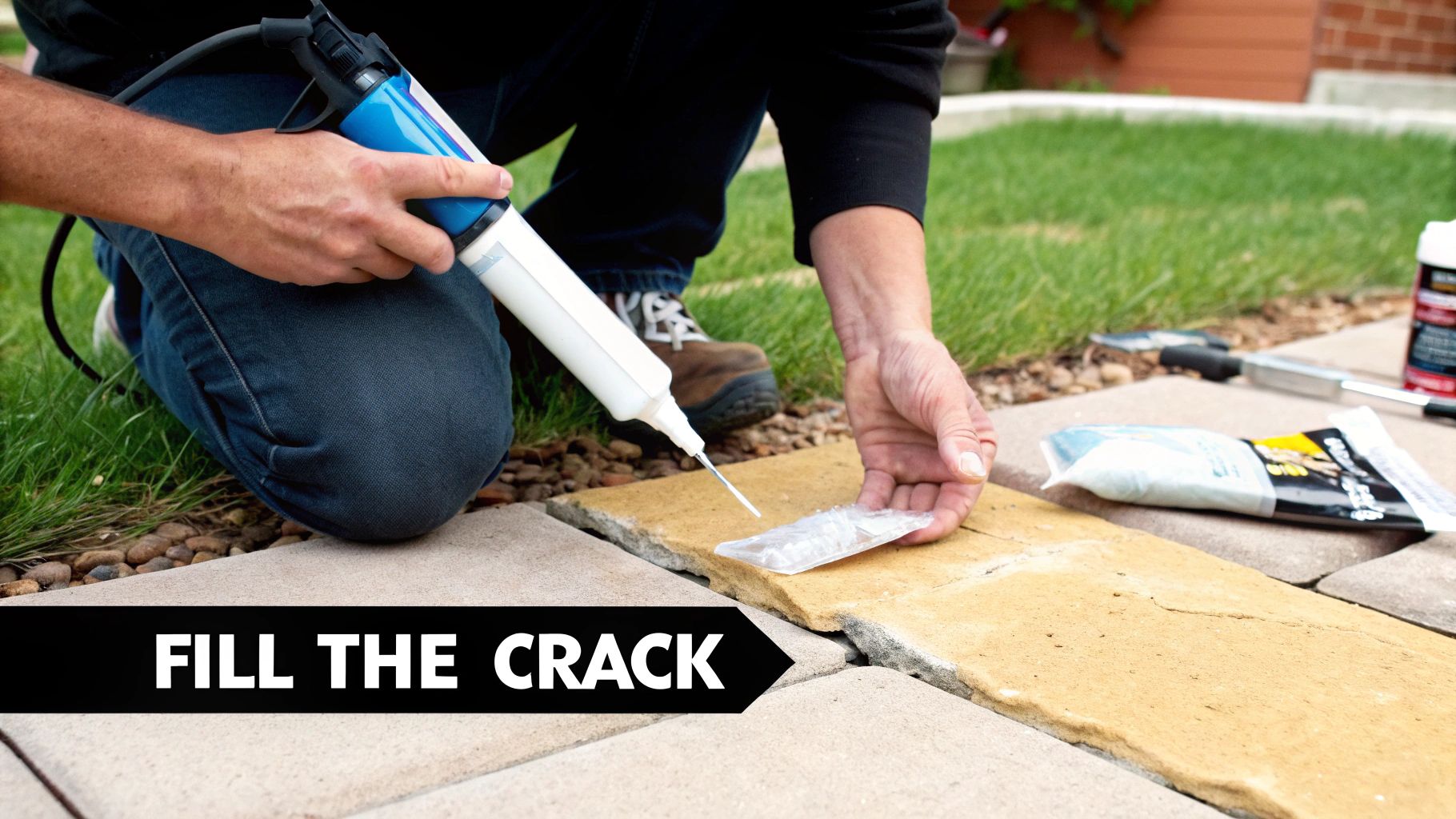 A person uses a caulk gun to fill a crack between concrete patio stones, repairing it.