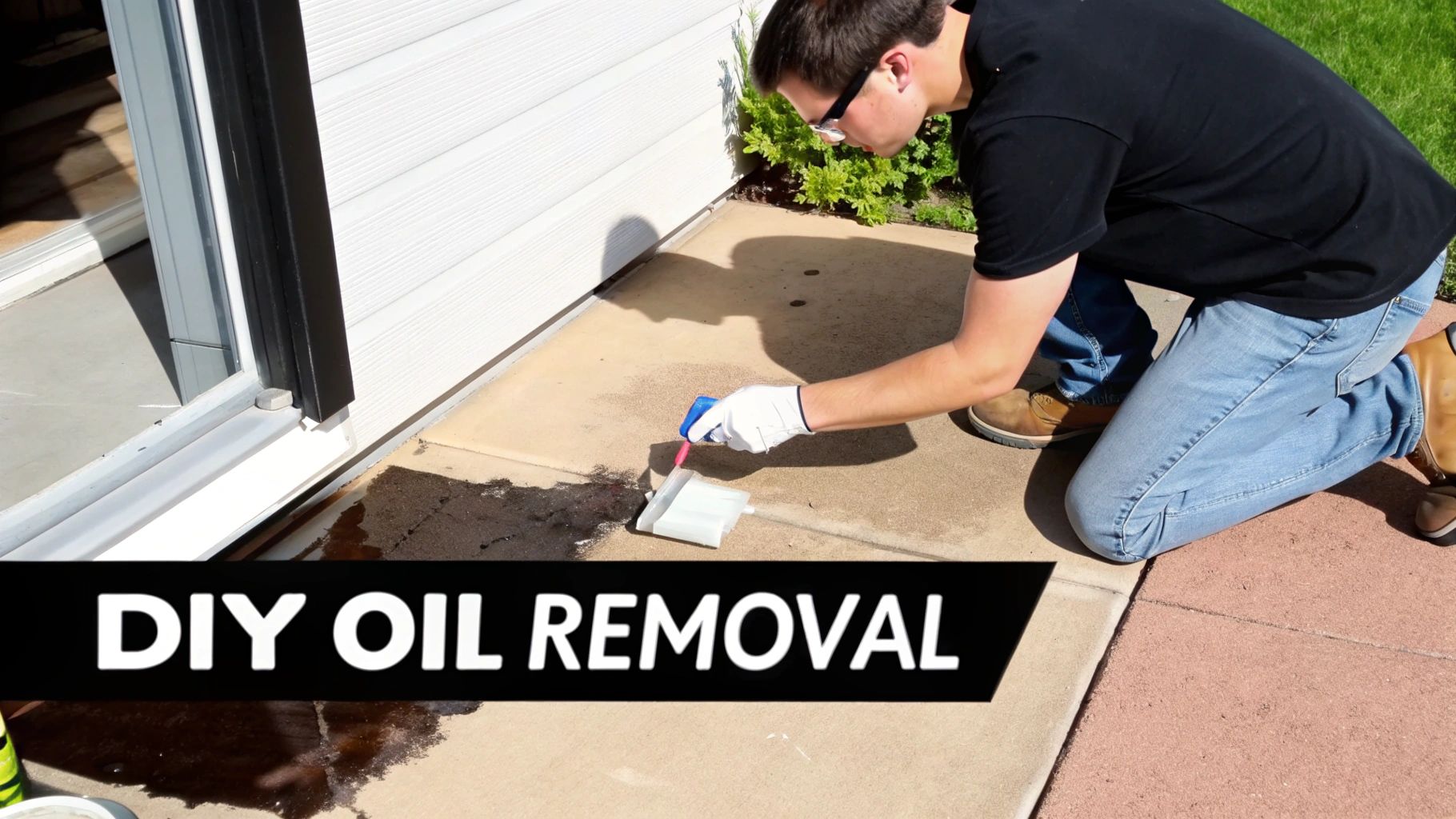 A person in work gloves kneels on concrete, actively removing an oil stain with a cleaning tool.