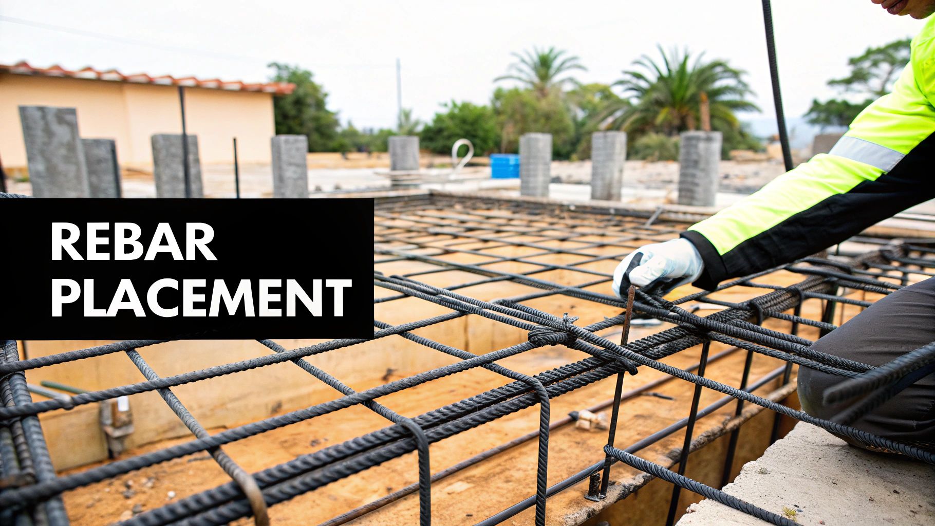 A construction worker in a safety jacket is placing rebar for a concrete foundation.