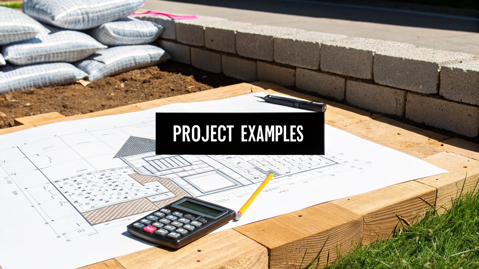 Detailed construction plans and tools on a wooden surface with building materials in the background.