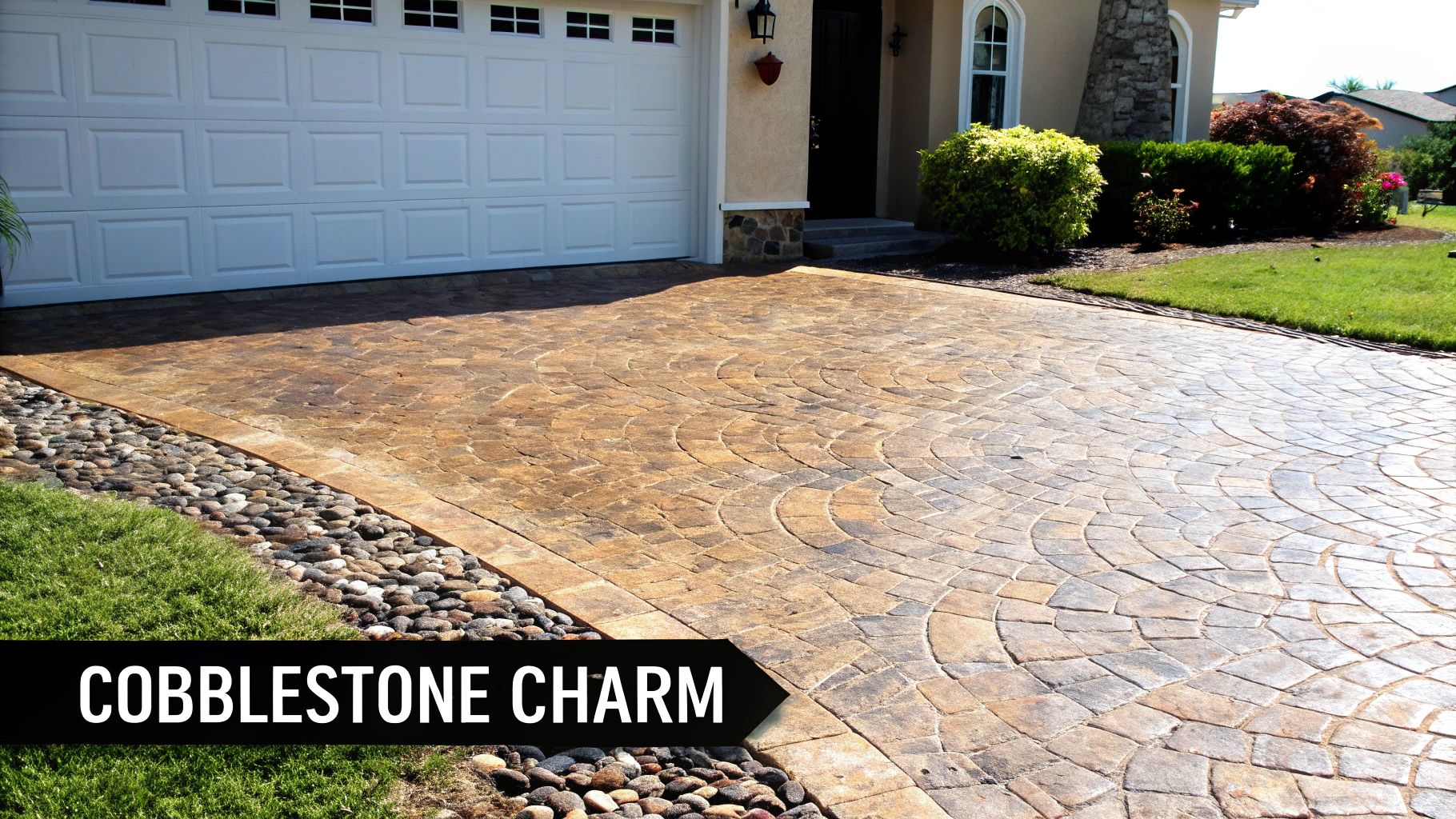 A house with a white garage and a decorative stamped concrete driveway featuring a semicircular cobblestone pattern.