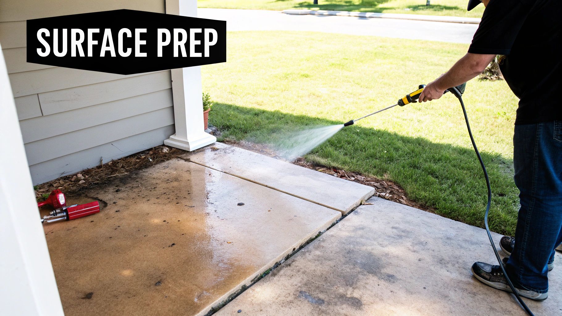 A person power washing a dirty concrete porch, preparing the surface for staining.