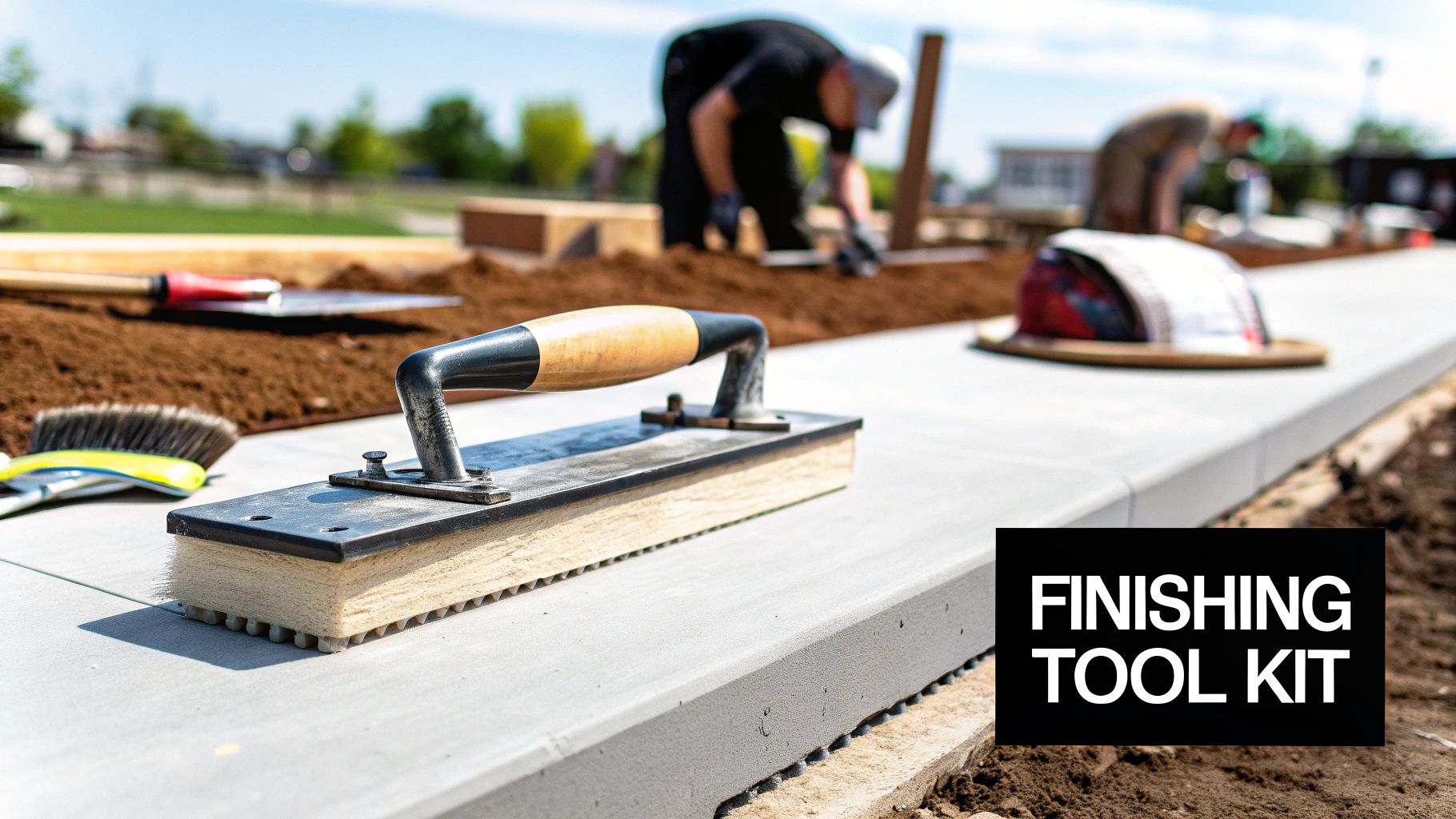 Concrete finishing tools, including a float and brush, resting on a newly laid concrete surface.