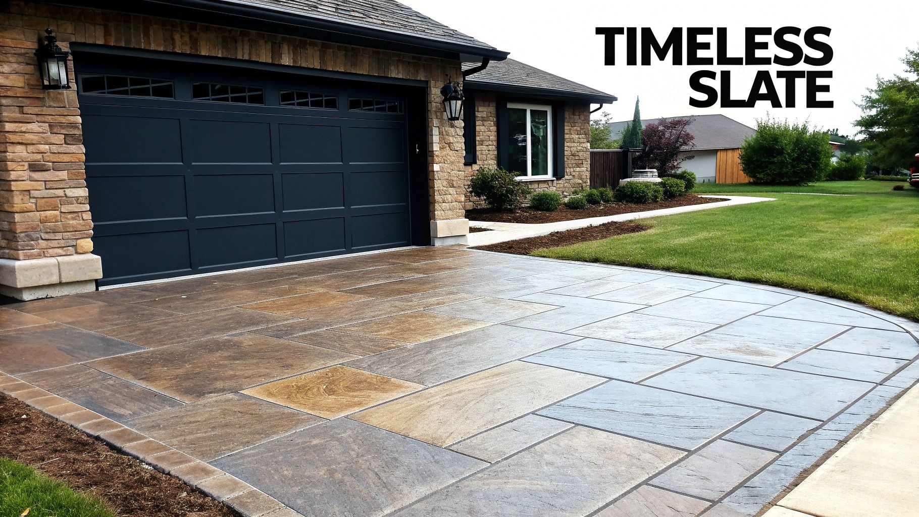 Beautiful stamped concrete driveway resembling multicolored slate leading to a home's dark garage.
