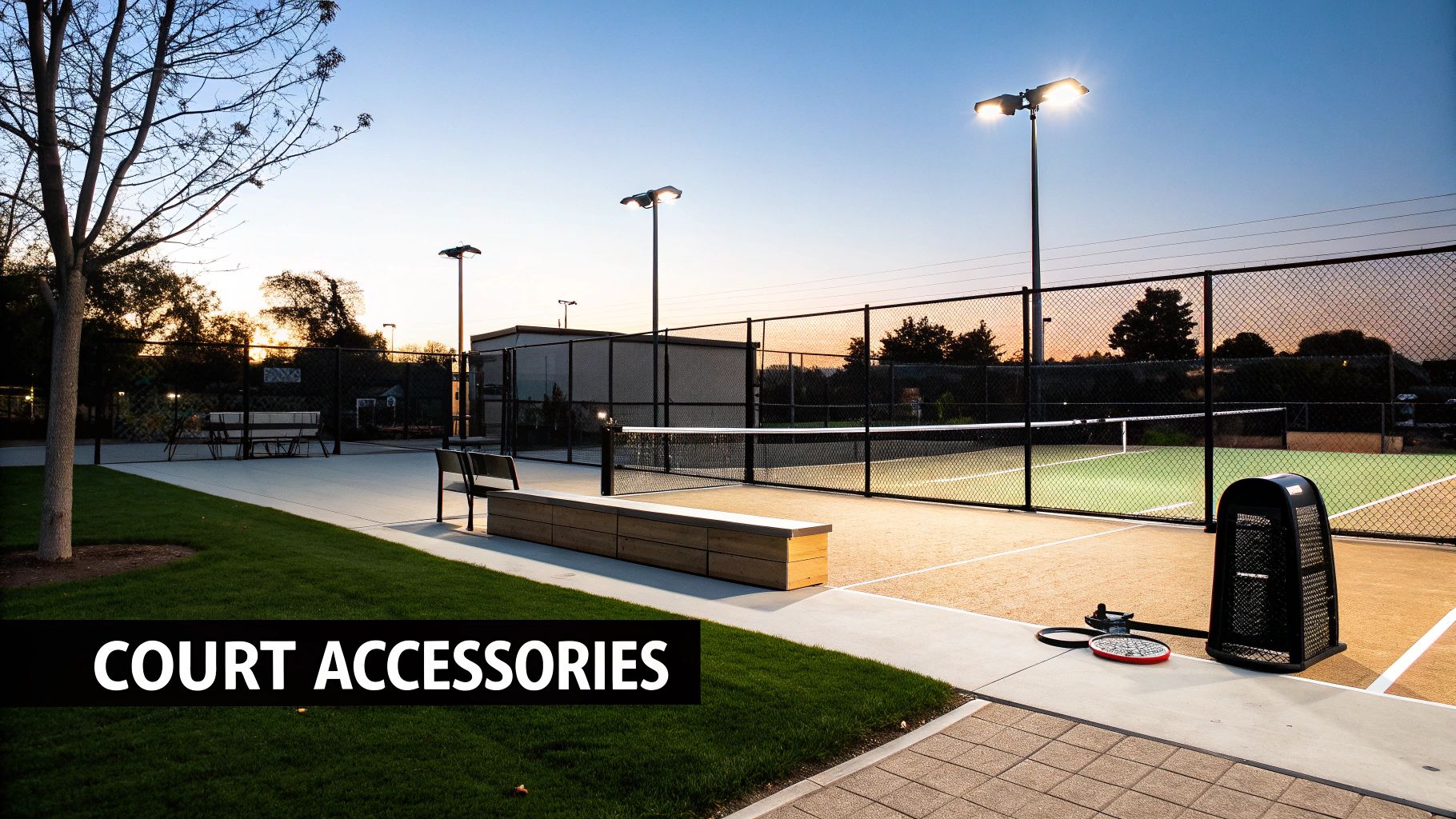 An illuminated outdoor pickleball court with benches, a trash can, and a paddle at dusk.