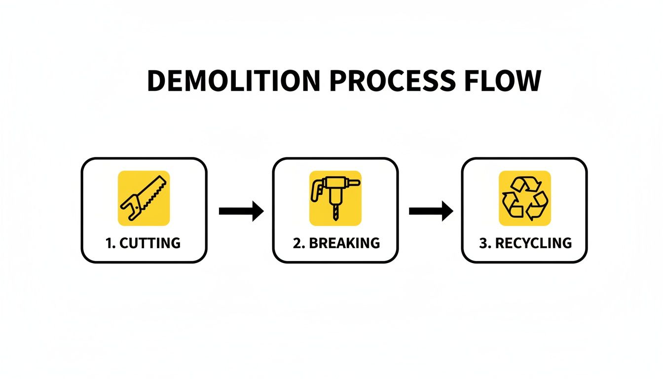 Demolition process flow illustrating cutting, breaking, and recycling steps with appropriate icons.